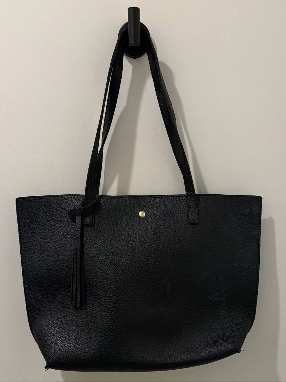 Black Vegan Leather Tote Bag with Tassel